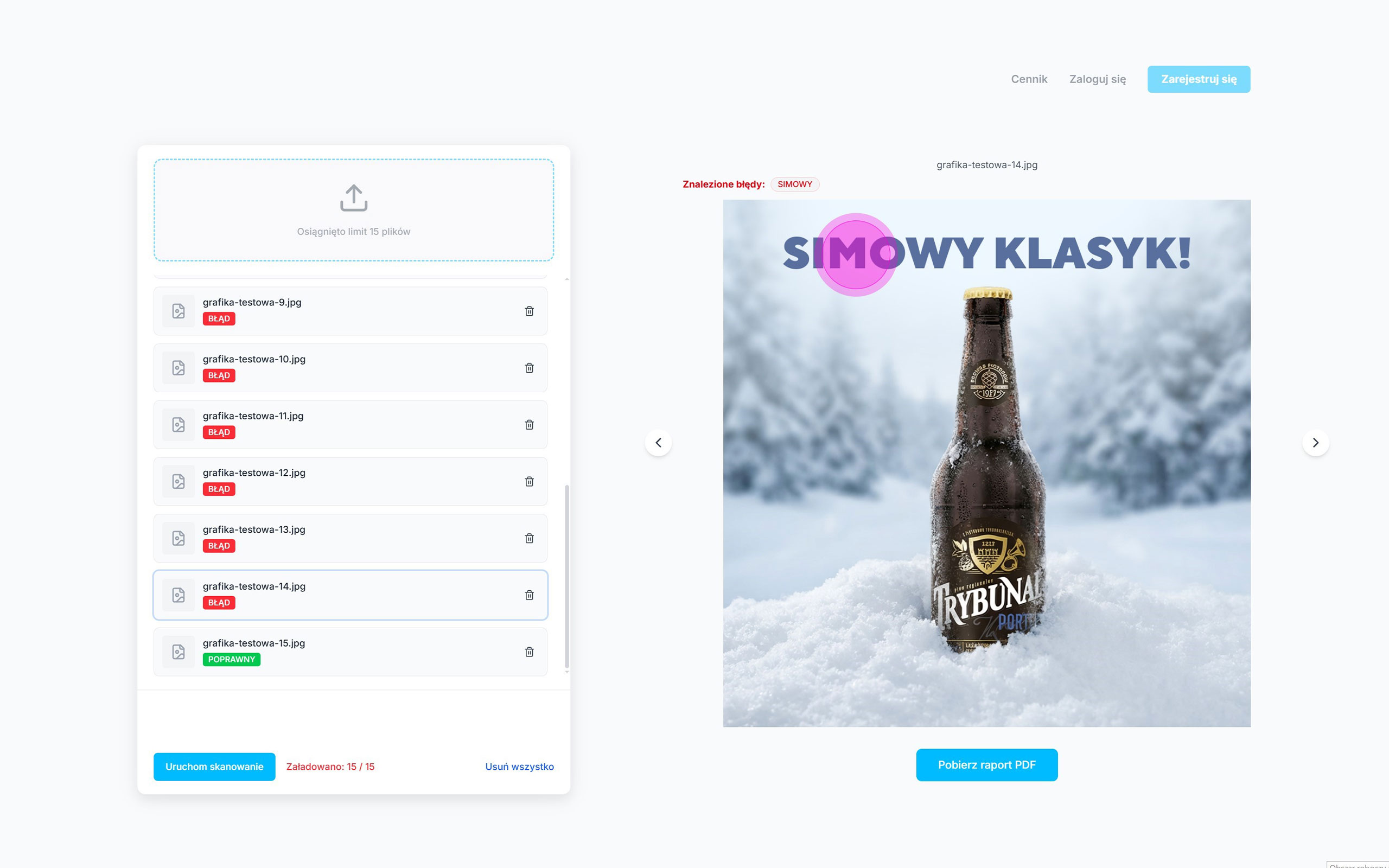 Micro SaaS app — scan results with a typo marked on a beer ad and a PDF report button