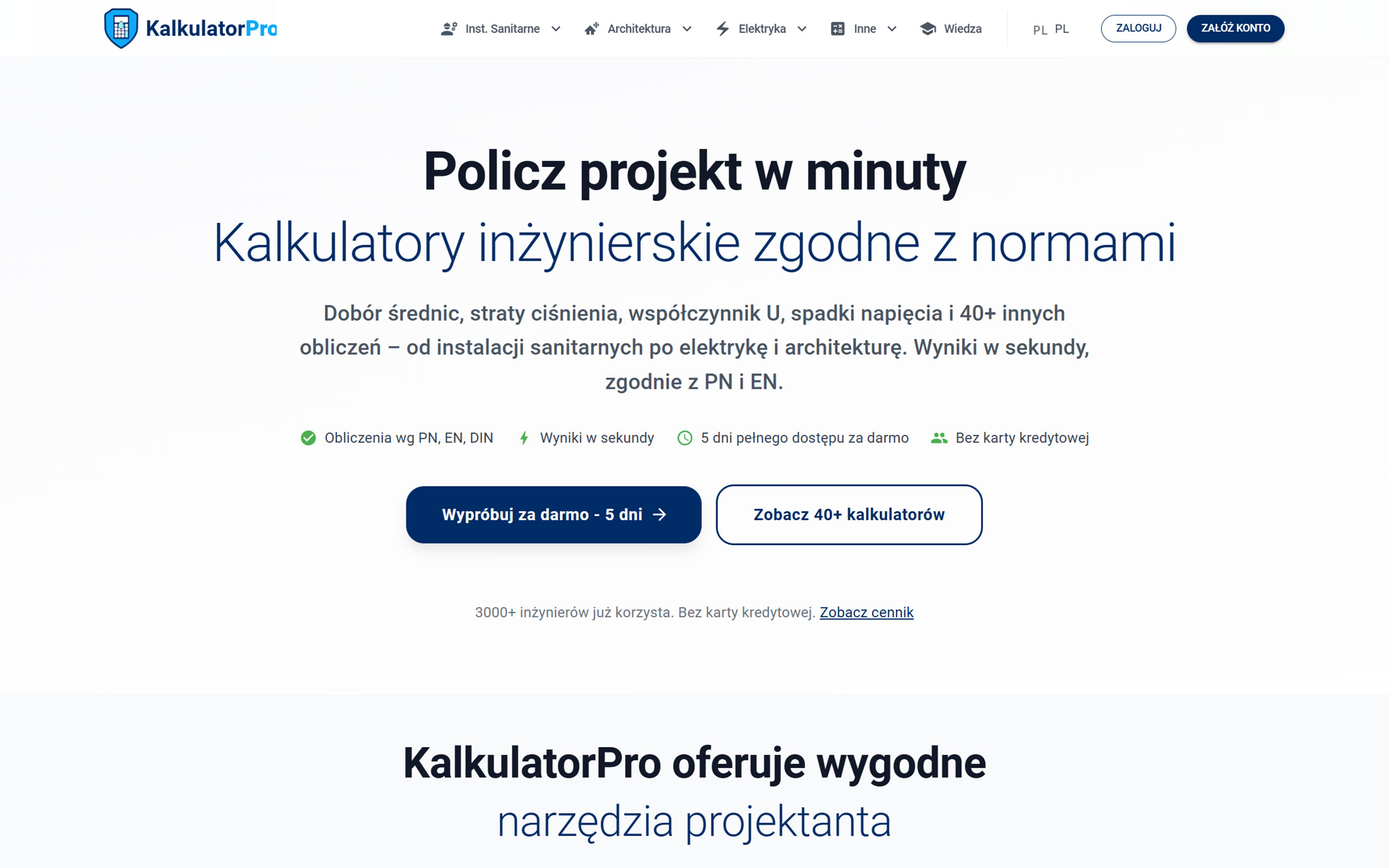 KalkulatorPro homepage after the redesign — free trial and 40+ engineering calculators