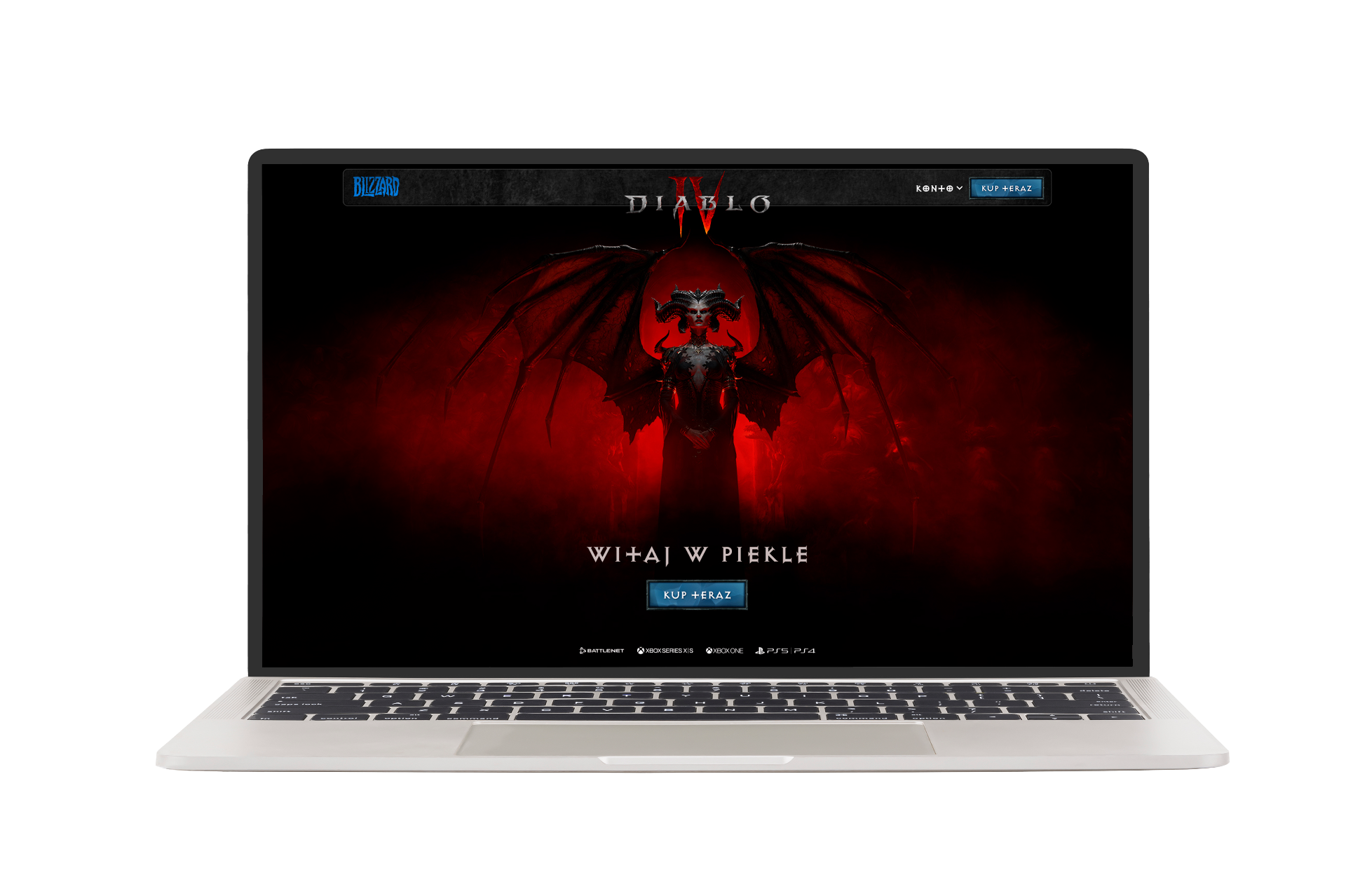 Diablo IV landing page shown on a laptop
