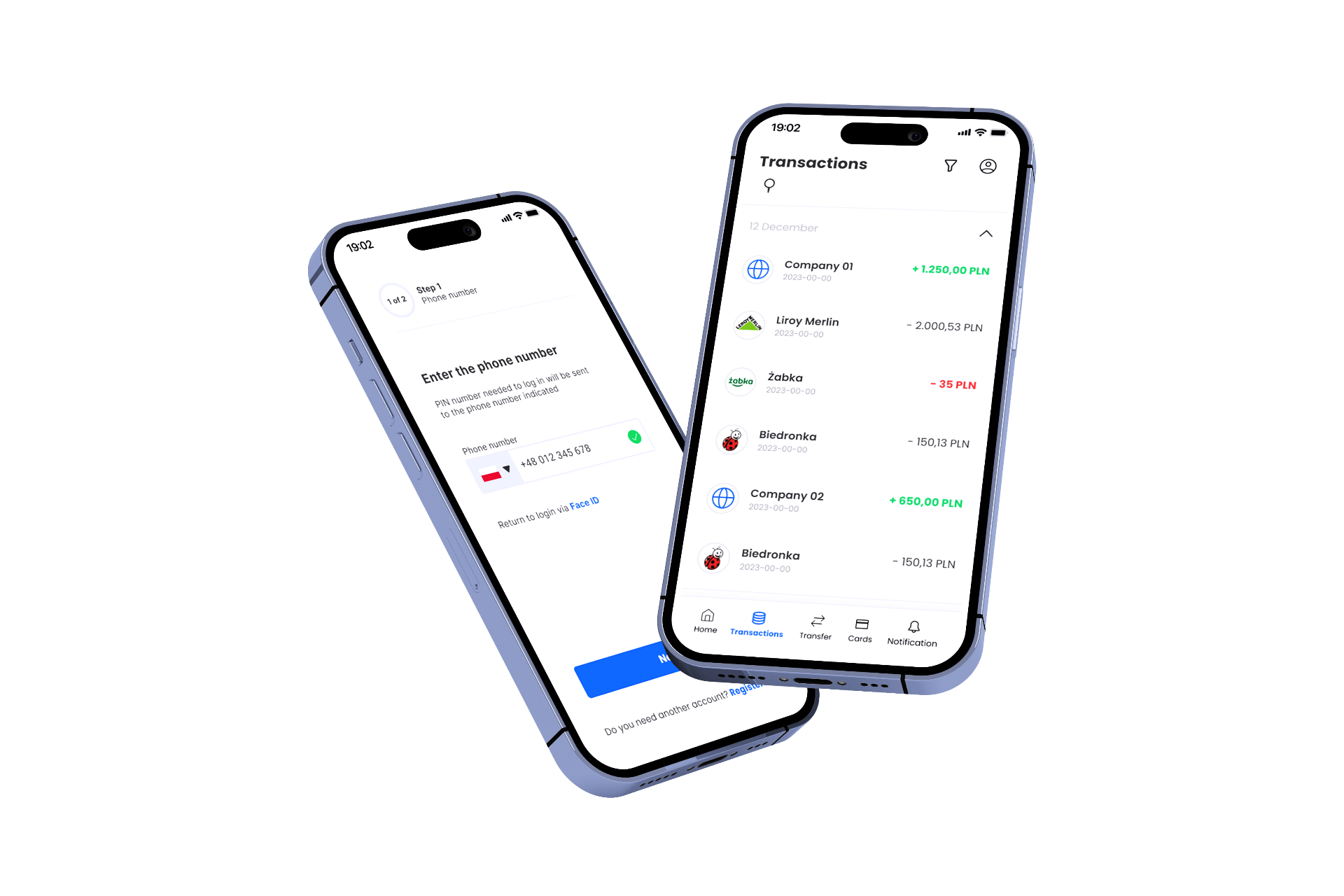 Fintech mobile banking app shown on two smartphones