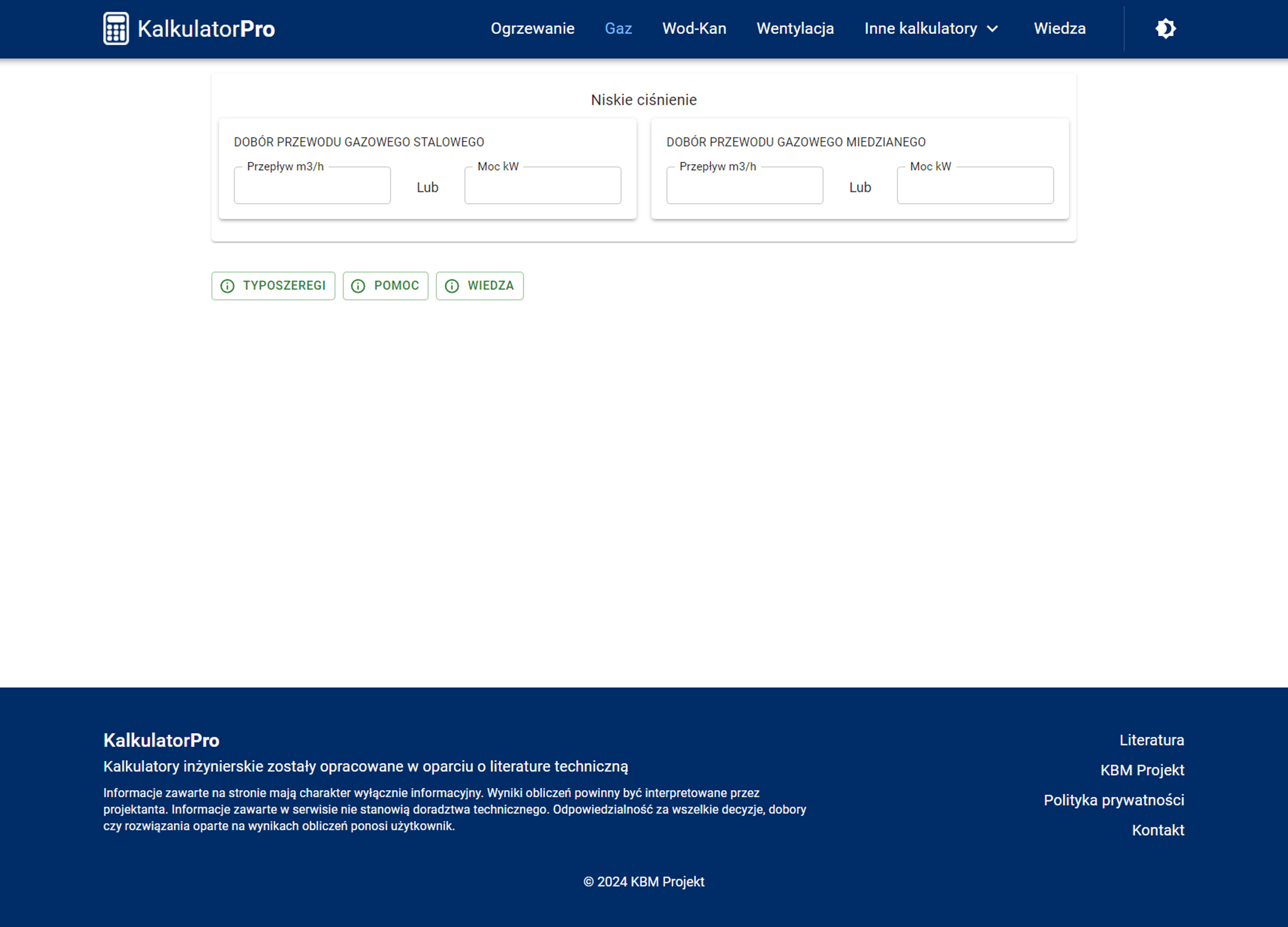 KalkulatorPro gas calculator subpage before the redesign — form with large empty space below